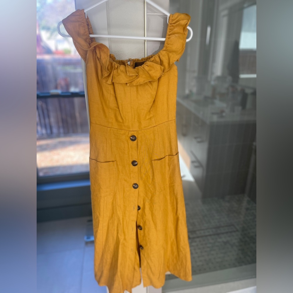 Gold Button-Down Ruffle Dress linen by Reformation designer.